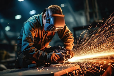 Industrial workers in a factory welding steel structure with sparks. Metalwork manufacturing and construction conceptの素材