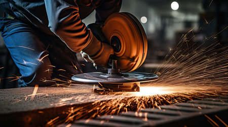Industrial workers in a factory welding steel structure with sparks. Metalwork manufacturing and construction conceptの素材