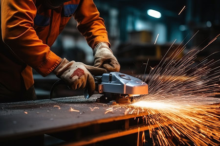 Industrial workers in a factory welding steel structure with sparks. Metalwork manufacturing and construction conceptの素材
