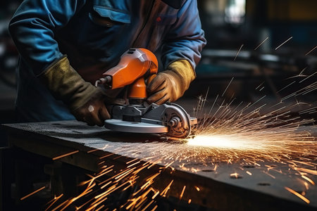 Industrial workers in a factory welding steel structure with sparks. Metalwork manufacturing and construction conceptの素材