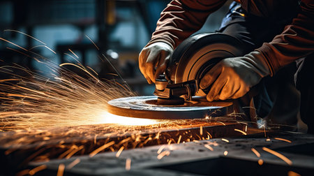 Industrial workers in a factory welding steel structure with sparks. Metalwork manufacturing and construction conceptの素材