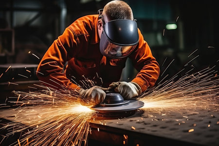 Industrial workers in a factory welding steel structure with sparks. Metalwork manufacturing and construction conceptの素材