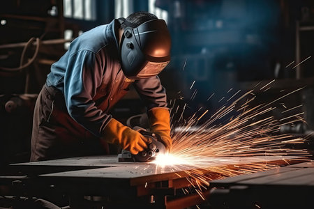 Industrial workers in a factory welding steel structure with sparks. Metalwork manufacturing and construction conceptの素材