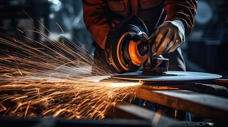 Industrial workers in a factory welding steel structure with sparks. Metalwork manufacturing and construction conceptの素材
