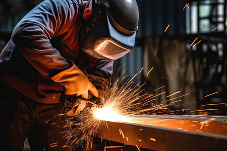 Industrial workers in a factory welding steel structure with sparks. Metalwork manufacturing and construction conceptの素材