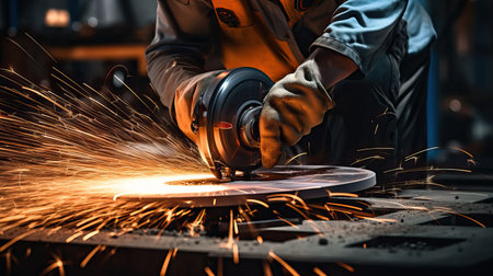 Industrial workers in a factory welding steel structure with sparks. Metalwork manufacturing and construction conceptの素材