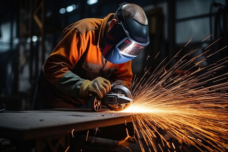 Industrial workers in a factory welding steel structure with sparks. Metalwork manufacturing and construction conceptの素材