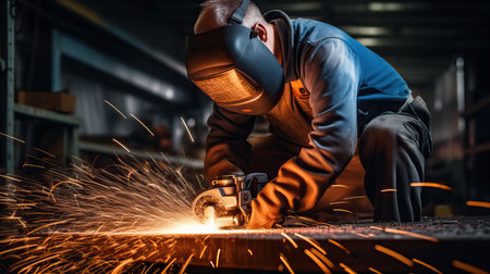 Industrial workers in a factory welding steel structure with sparks. Metalwork manufacturing and construction conceptの素材