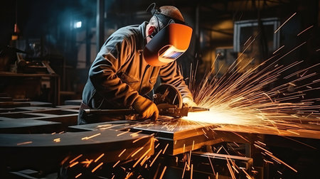 Industrial workers in a factory welding steel structure with sparks. Metalwork manufacturing and construction conceptの素材