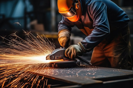 Industrial workers in a factory welding steel structure with sparks. Metalwork manufacturing and construction conceptの素材