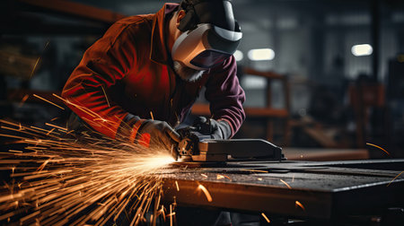 Industrial workers in a factory welding steel structure with sparks. Metalwork manufacturing and construction conceptの素材