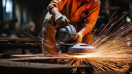 Industrial workers in a factory welding steel structure with sparks. Metalwork manufacturing and construction conceptの素材