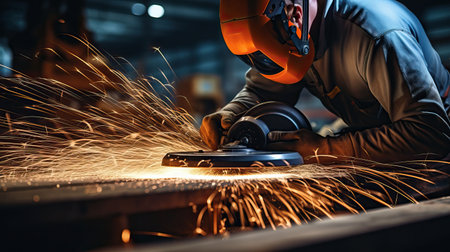 Industrial workers in a factory welding steel structure with sparks. Metalwork manufacturing and construction conceptの素材