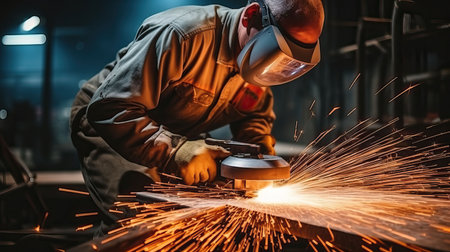 Industrial workers in a factory welding steel structure with sparks. Metalwork manufacturing and construction conceptの素材