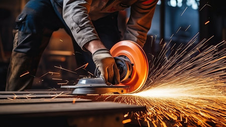 Industrial workers in a factory welding steel structure with sparks. Metalwork manufacturing and construction conceptの素材