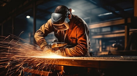 Industrial workers in a factory welding steel structure with sparks. Metalwork manufacturing and construction conceptの素材
