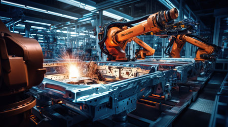 Automotive production line. Modern automobile factory. Automotive industry. Industrial background. Automation industry 4.0 conceptの素材