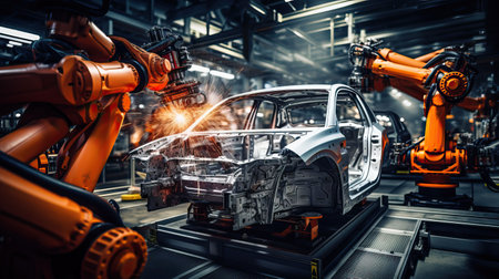 Automotive production line. Modern automobile factory. Automotive industry. Industrial background. Automation industry 4.0 conceptの素材