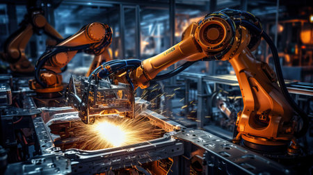 Automotive production line. Modern automobile factory. Automotive industry. Industrial background. Automation industry 4.0 conceptの素材
