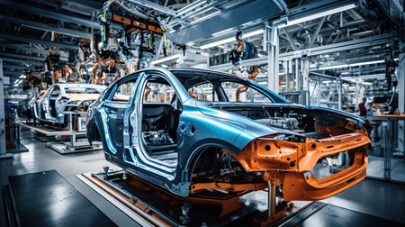Automotive production line. Modern automobile factory. Automotive industry. Industrial background. Automation industry 4.0 conceptの素材