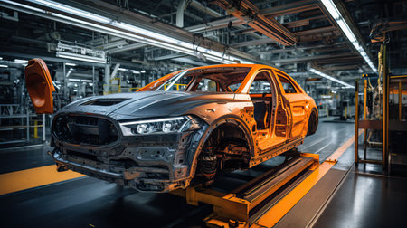 Automotive production line. Modern automobile factory. Automotive industry. Industrial background. Automation industry 4.0 conceptの素材