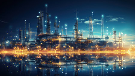 Refinery plant at night with reflection in water. Energy and industry conceptの素材