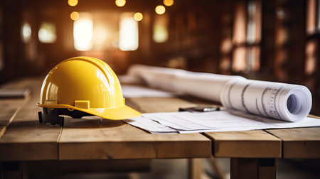 Architectural blueprint and helmet on the table at the construction siteの素材