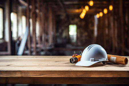 Architectural blueprint and helmet on the table at the construction siteの素材