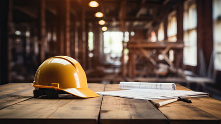 Architectural blueprint and helmet on the table at the construction siteの素材