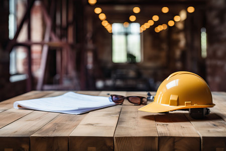Architectural blueprint and helmet on the table at the construction siteの素材