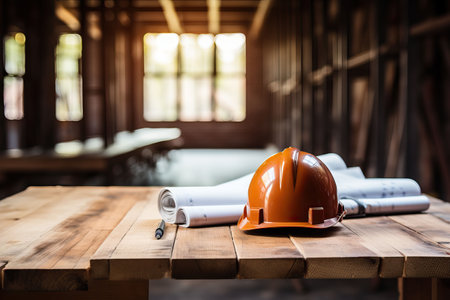 Architectural blueprint and helmet on the table at the construction siteの素材
