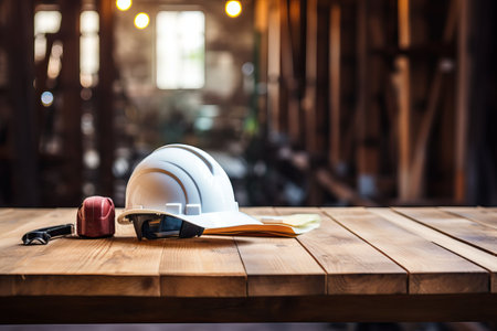 Architectural blueprint and helmet on the table at the construction siteの素材