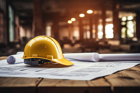 Architectural blueprint and helmet on the table at the construction siteの素材