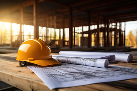 Architectural blueprint and helmet on the table at the construction siteの素材