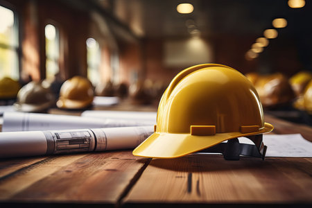 Architectural blueprint and helmet on the table at the construction siteの素材