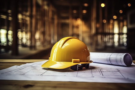 Architectural blueprint and helmet on the table at the construction siteの素材