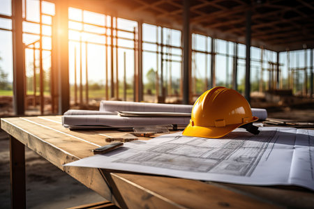 Architectural blueprint and helmet on the table at the construction siteの素材
