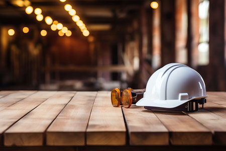 Architectural blueprint and helmet on the table at the construction siteの素材