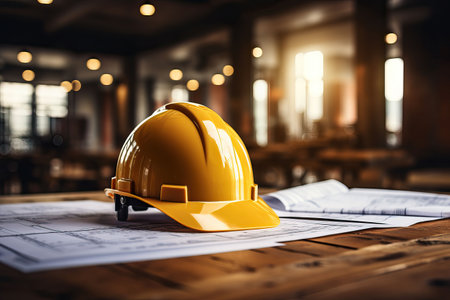 Architectural blueprint and helmet on the table at the construction siteの素材