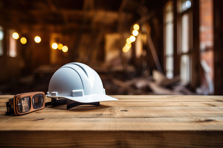 Architectural blueprint and helmet on the table at the construction siteの素材