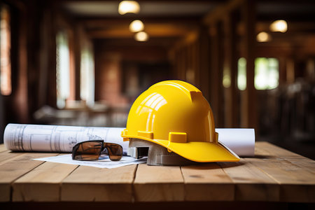 Architectural blueprint and helmet on the table at the construction siteの素材
