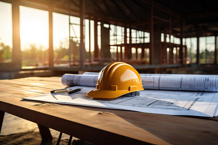 Architectural blueprint and helmet on the table at the construction siteの素材