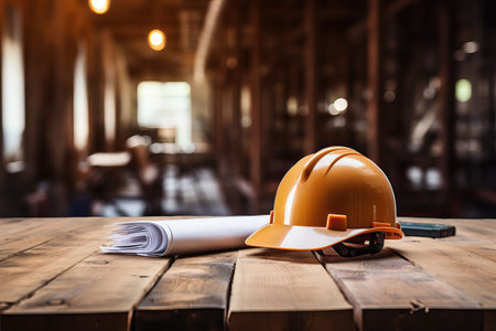 Architectural blueprint and helmet on the table at the construction siteの素材