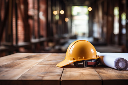 Architectural blueprint and helmet on the table at the construction siteの素材