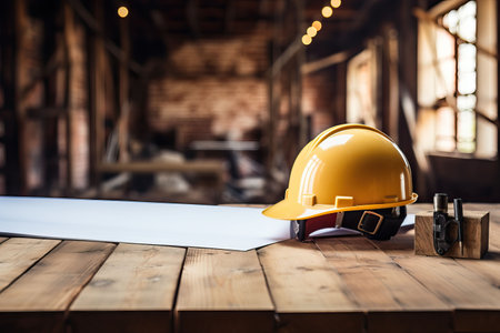 Architectural blueprint and helmet on the table at the construction siteの素材