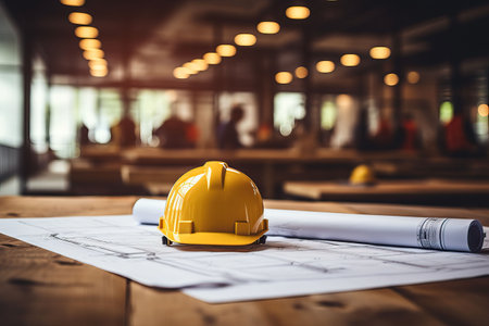 Architectural blueprint and helmet on the table at the construction siteの素材