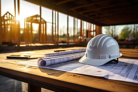 Architectural blueprint and helmet on the table at the construction siteの素材