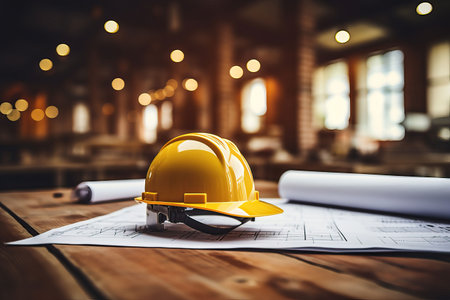 Architectural blueprint and helmet on the table at the construction siteの素材