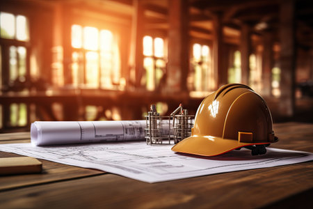 Architectural blueprint and helmet on the table at the construction siteの素材