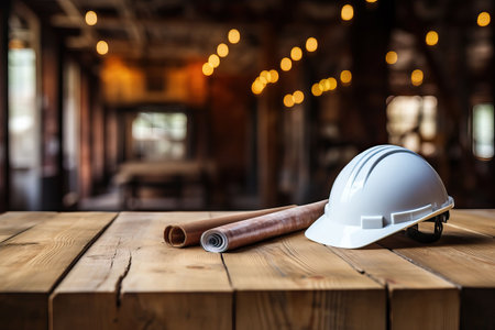 Architectural blueprint and helmet on the table at the construction siteの素材
